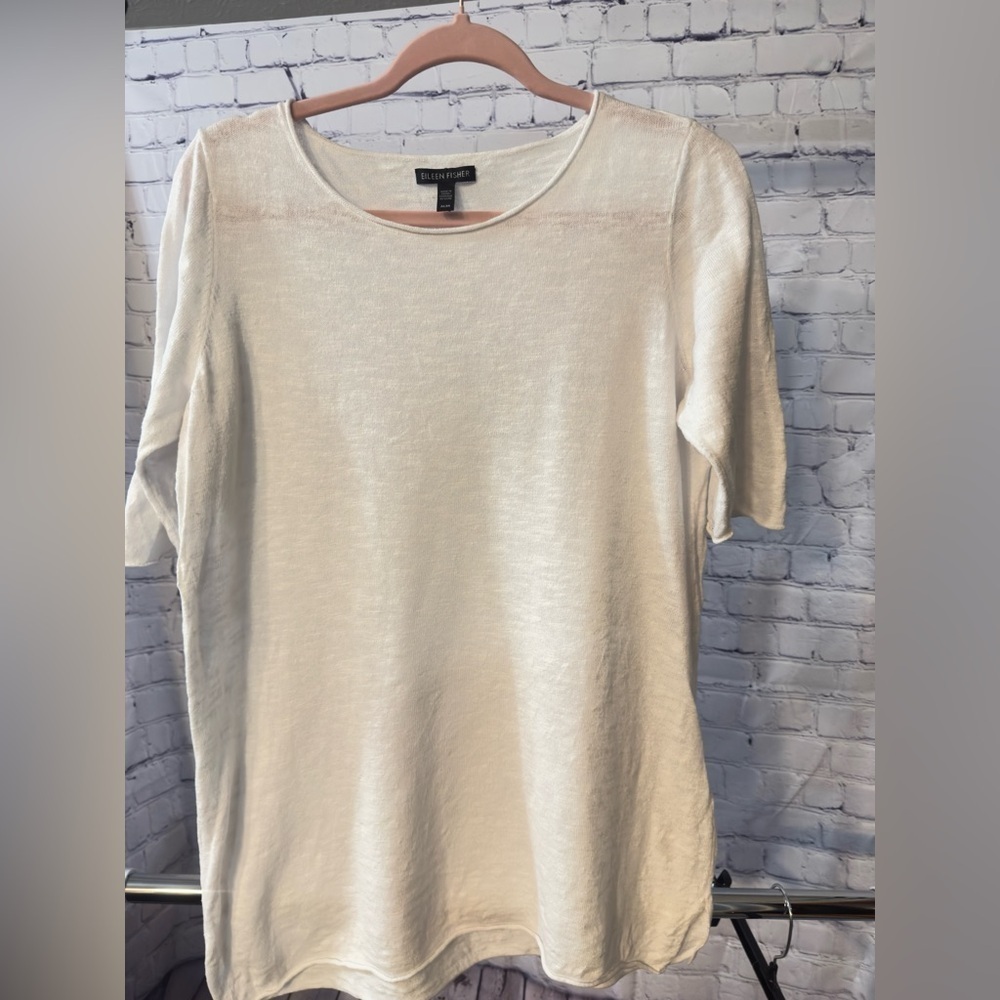 Eileen Fisher White Organic Cotton Linen Slub V-Neck High Low Top size Medium